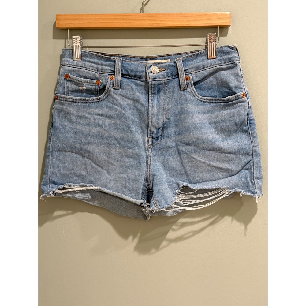 Levis High‎ Rise Distressed Denim Shorts Light Wash Blue Cutoff Size 28